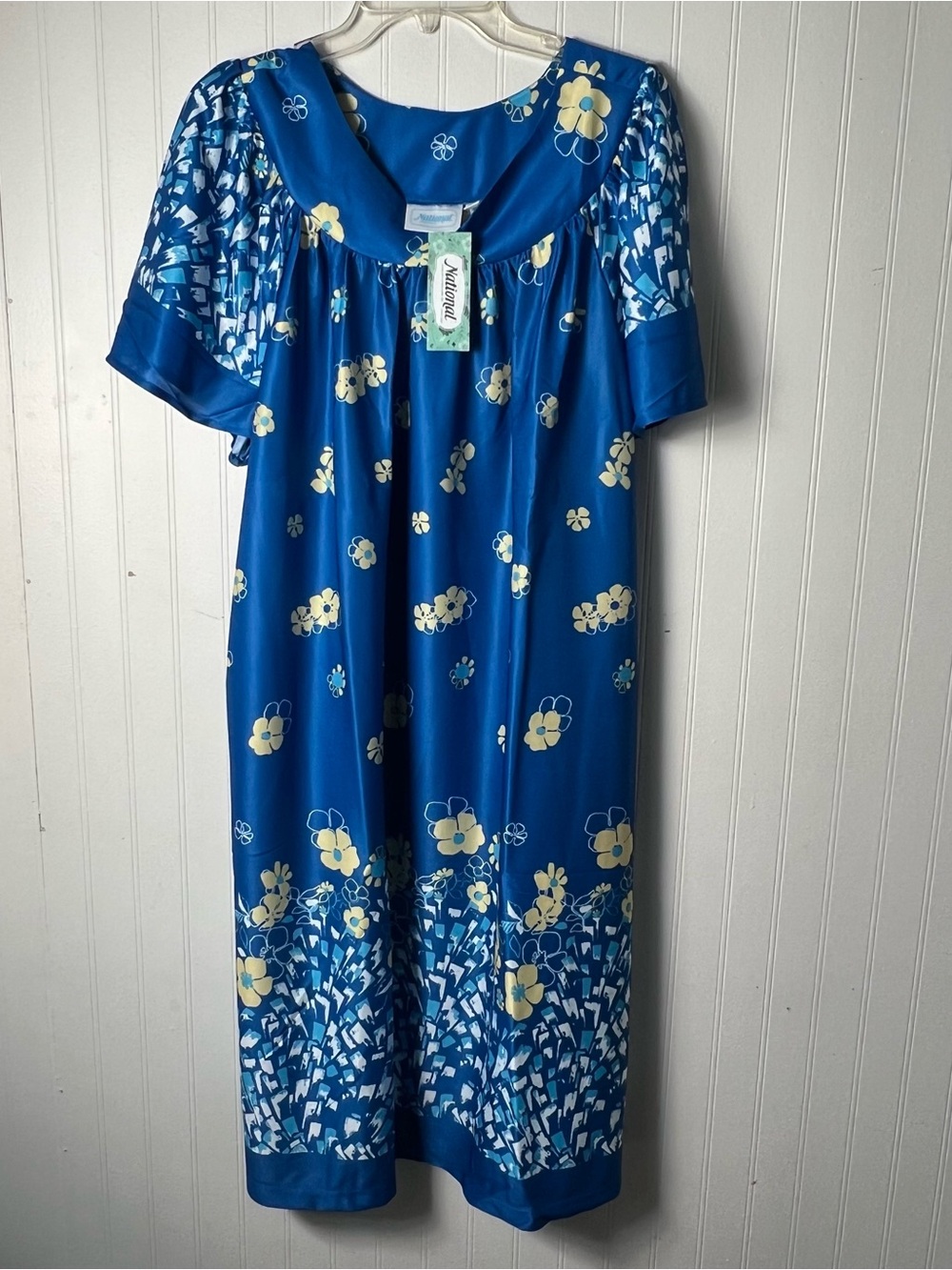 NWT NATIONAL Womens Size 1X Blue Floral House Dress Lightweight Gown